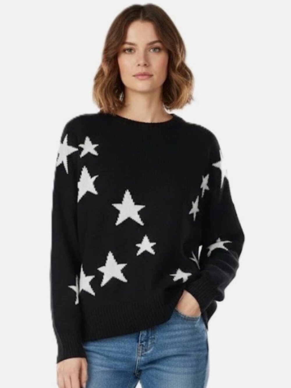 Philosophy Cashmere Black With White Stars Oversized Crew Neck Sweater Size L